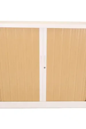 Armoire Basse à Rideaux de Bureau MTI 2 Tablettes Corps Blanc et Rideaux Hêtre 120x105x43cm - AM1210R-HE - NEUVE Déclassée Seulement Aujourd'hui