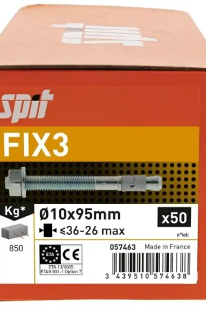 Achat Immédiat Boîte de 50 Goujons d'Ancrage SPIT FIX3 Zingué Ø10x95mm Épaisseur de Serrage 36-26mm -057463 - NEUF