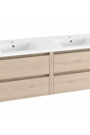Offre Du Jour Ensemble Meuble Sous-Vasque SALGAR Noja 4 Tiroirs Chêne Caledonia et Plan Double Vasque Iberia L120cm - 85472 - 15459 - NEUF